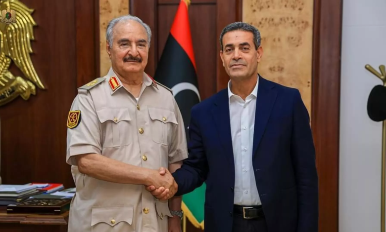 Commander-in-Chief of the Libyan Armed Forces, Field Marshal Khalifa Haftar, meets with the head of the Libyan High Elections Commission, Imad Al-Sayeh, June 25, 2024.