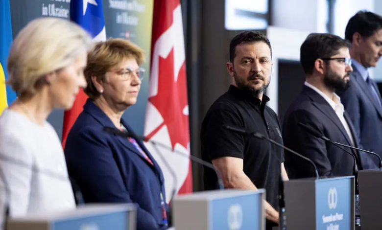 Ukrainian President Volodymyr Zelensky next to Ursula von der Leyen, President of the European Commission, Swiss Federal President Viola Amherd, Canadian Prime Minister Justin Trudeau, and Chilean President Gabriel Boric at the closing press conference of the Switzerland Summit. June 16, 2024