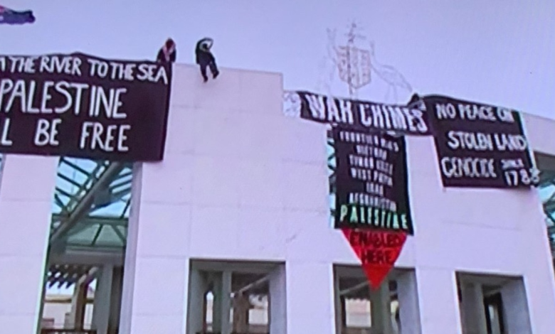 Pro-Palestinian demonstrators take to the roof of the Australian Parliament