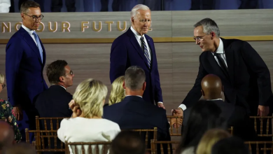 US President Joe Biden, to his right, NATO Secretary General Jens Stoltenberg, during the celebration of the 75th anniversary of the founding of NATO in Washington. July 9, 2024