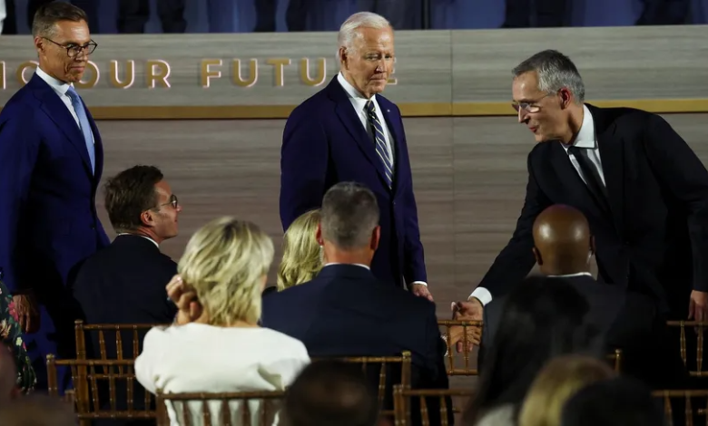 US President Joe Biden, to his right, NATO Secretary General Jens Stoltenberg, during the celebration of the 75th anniversary of the founding of NATO in Washington. July 9, 2024