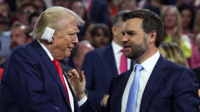 Republican presidential candidate Donald Trump shakes hands with Republican vice presidential candidate J.D. Vance during the first day of the Republican National Convention in Milwaukee. July 15, 2024