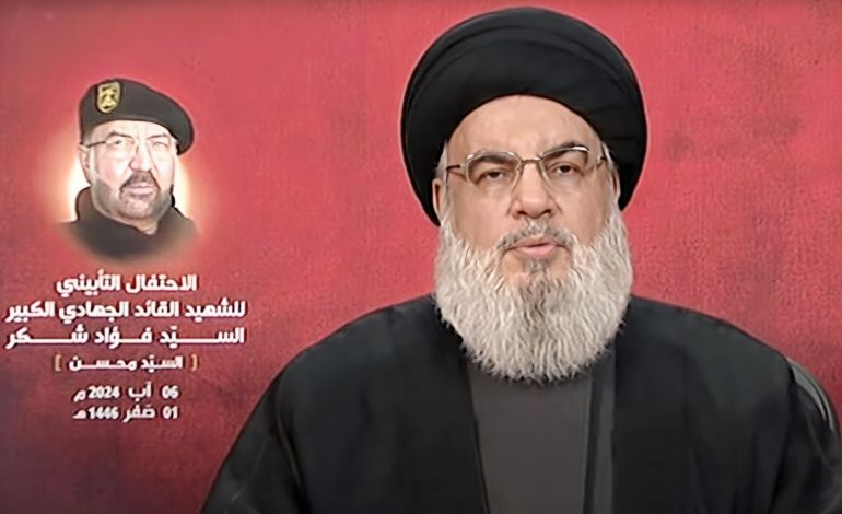 Hassan Nasrallah during his speech at the memorial service for Hezbollah military commander Fouad Shukr