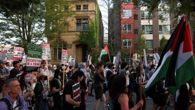 Pro-Gaza protesters opposing U.S. support for Israel march during the final day of the Democratic National Convention in Chicago, August 22, 2024.