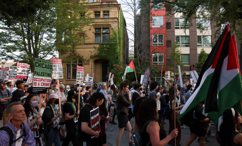 Pro-Gaza protesters opposing U.S. support for Israel march during the final day of the Democratic National Convention in Chicago, August 22, 2024.