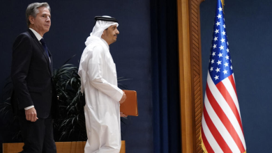 US Secretary of State with his Qatari counterpart in Doha during one of the rounds of international efforts to end regional tensions