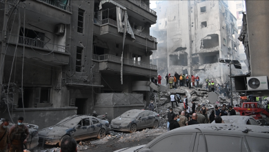 Fire and smoke rise from a building after an Israeli air strike on the Shiah neighborhood in southern Beirut on November