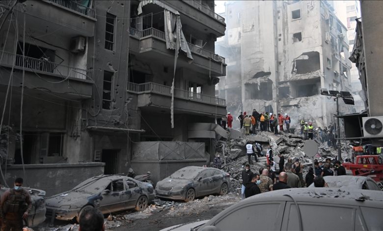 Fire and smoke rise from a building after an Israeli air strike on the Shiah neighborhood in southern Beirut on November