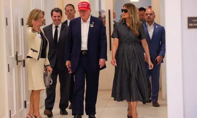 Former US President Donald Trump with his wife Melania inside a campaign center in Palm Beach, Florida. November 5, 2024