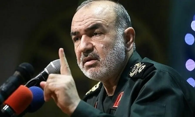 Hossein Salami delivers a speech during an event in Tehran