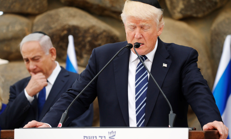 Former US President Donald Trump with Benjamin Netanyahu (L) delivers a speech at the Holocaust Memorial in Jerusalem, May 23, 2017.