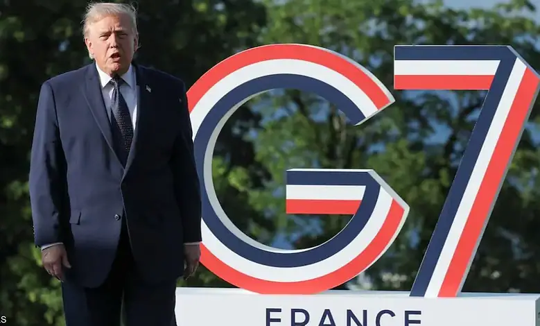 Donald Trump speaking at G7 summit with G7 logo in background.